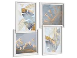 Composição De Quadros Pássaros Estilosos Folhas Tons De Cinza Espelharte (4 Peças)