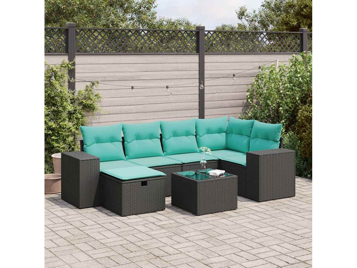 Vidaxl 7 Pcs Conjunto De Sofás P/ Jardim C/ Almofadões Vime Pe Preto