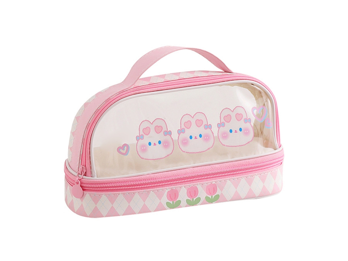 Estuche De Lápices Impermeable Transparente Cute Con Cremallera Para Estudiantes Maquillaje Conejo Rosa