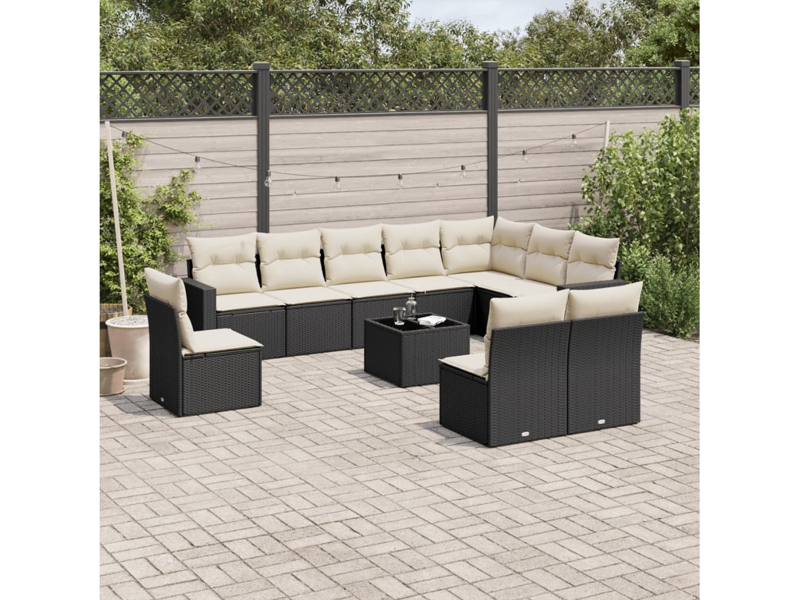 Vidaxl 11 Pcs Conjunto Sofás De Jardim C/ Almofadões Vime Pe Preto
