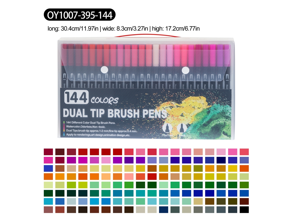 Conjunto de Canetas Aquarela com Ponta Dupla, 144 Cores, Haste Preta, Estojo de Pvc AQUAFORGE