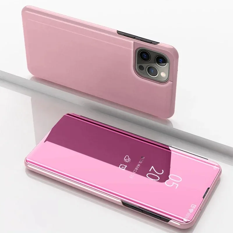 Capa Para Iphone 15 Pro Rosa, Capa Flip Inteligente Com Espelho, Suporte Em Couro Eletroplateado E Capa Traseira Resistente A Impactos.