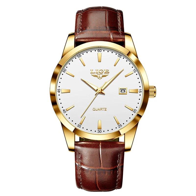 Relógio De Pulso Em Couro Genuíno (dourado E Branco), Para Esportes Ao Ar Livre, À Prova D'água, Com Mecanismo De Quartzo.