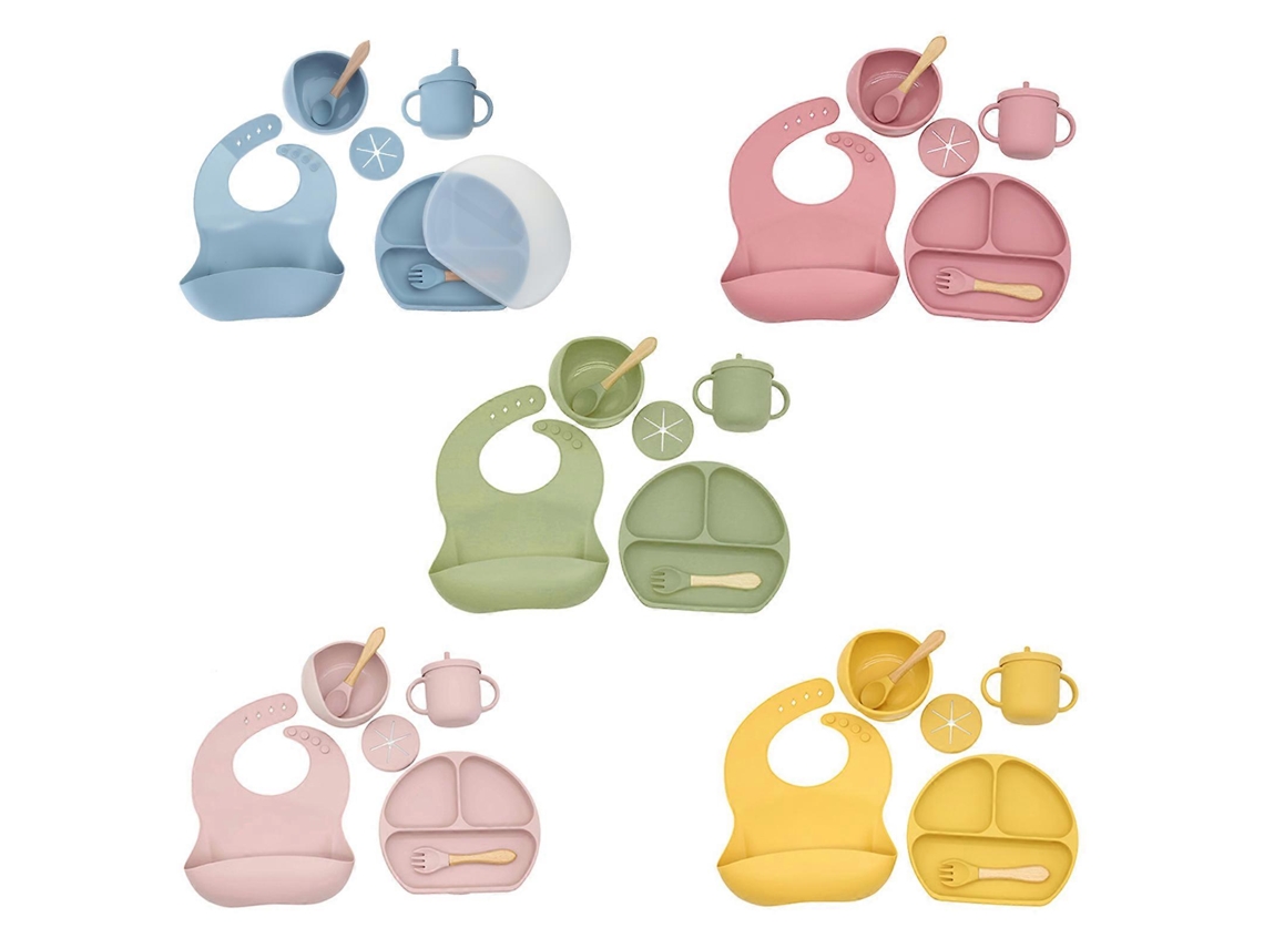 Babador Bebê Silicone com Divisão para Prato de Jantar, Ventosa, Colher, Gancho, Floco de Água, Prato Verde GIECY