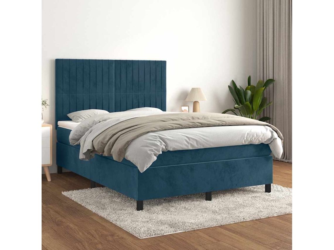 Vidaxl Cama com Molas/colchão 140x190 Cm Veludo Azul escuro