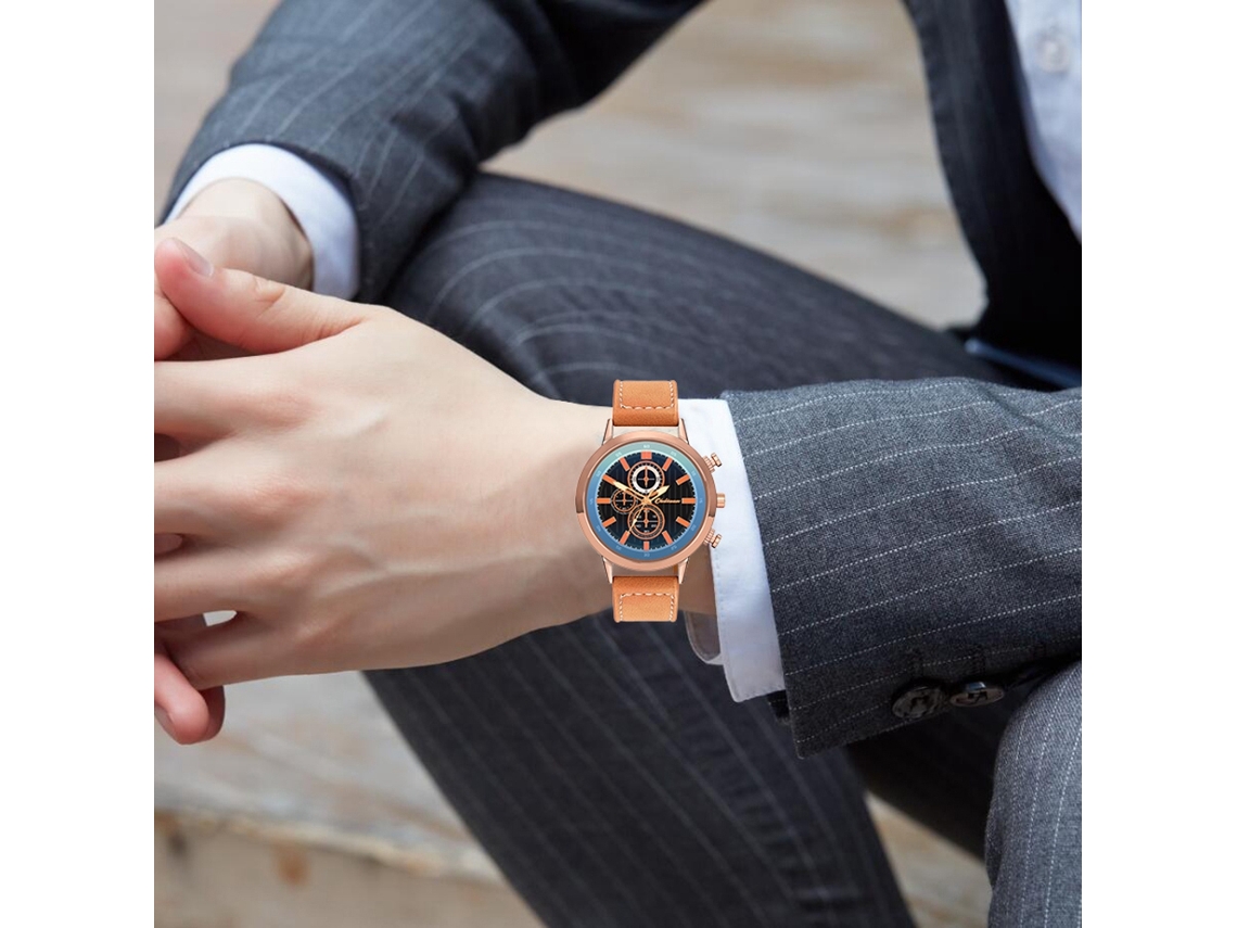 Relógio de pulso masculino em couro PU, estilo casual elegante para negócios, dourado rosê e marrom claro.