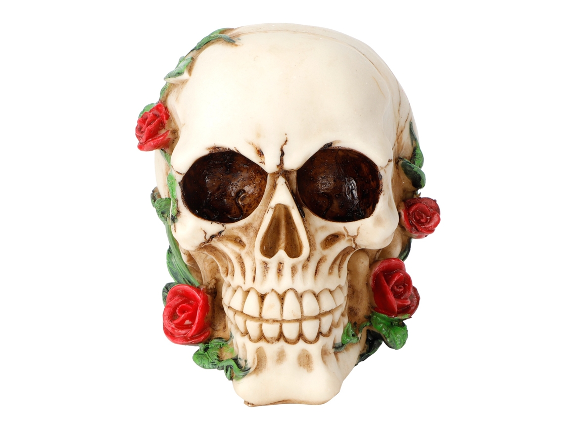 Caveira de Resina com Rosa para Decoração de Halloween