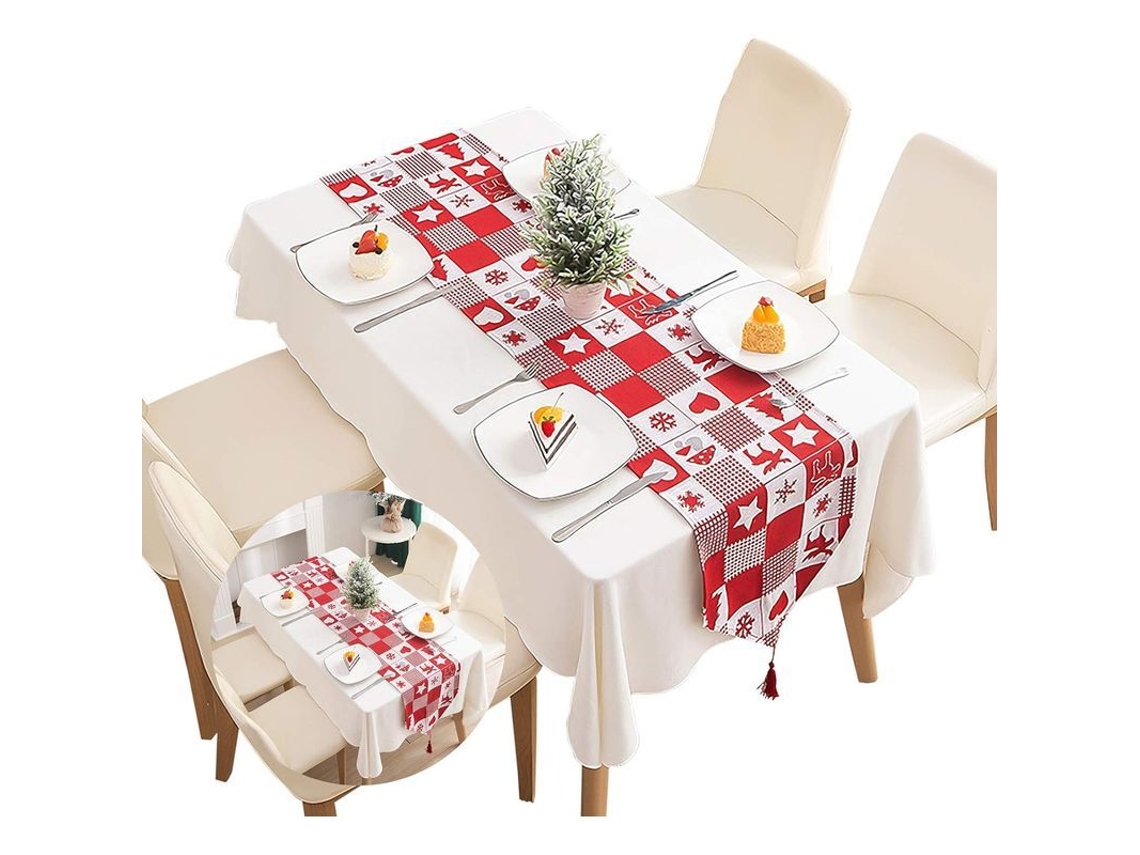 Rolo de Mesa Vermelho Tartan de Natal, Algodão, Lavável, com Franja