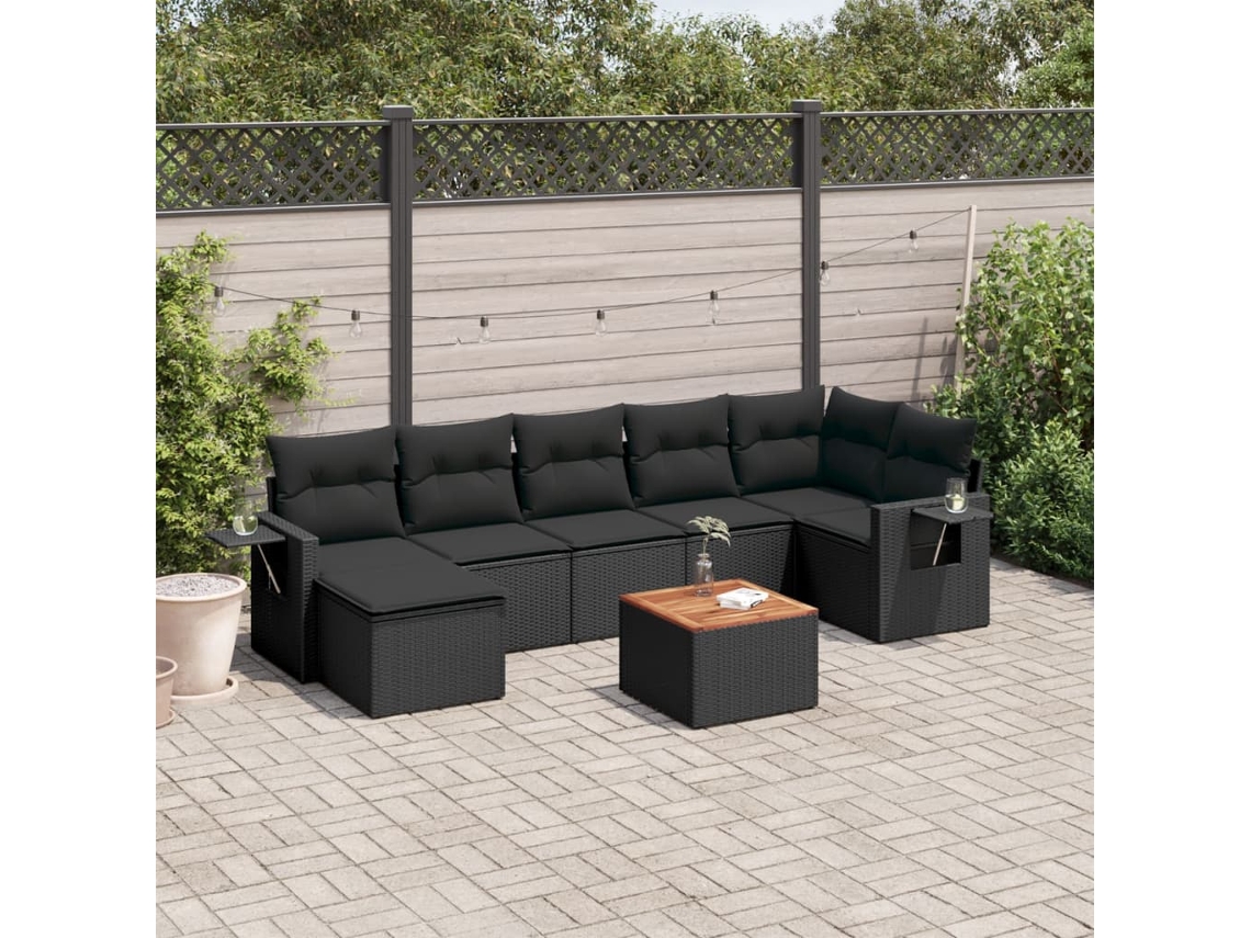 Vidaxl 8 Pcs Conjunto Sofás De Jardim Com Almofadões Vime Pe Preto