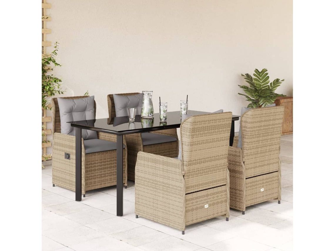 Vidaxl 5 Pcs Conjunto De Jantar P/ Jardim Com Almofadões Vime Pe Bege
