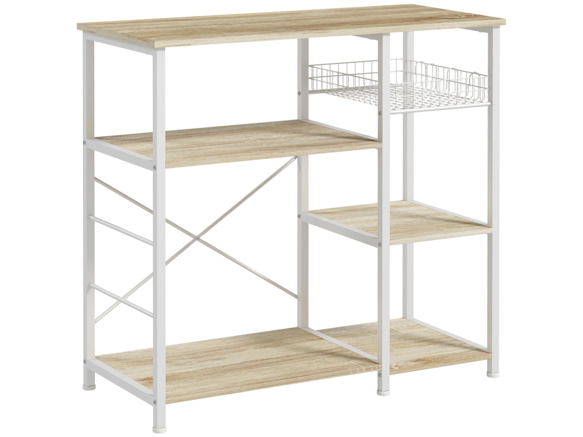 Estante de Cozinha com 1 Cesto 4 Ganchos em S 6 Pés com Almofadas Ajustáveis e Prateleiras 90x40x84,5 Cm Carvalho e Branco ZENCORE SERVICES