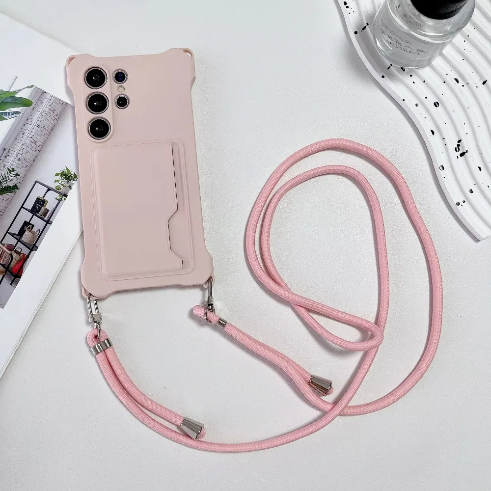 (rosa, Galaxy S25 Fe) Capa De Silicone Macio Para Celular Com Compartimento Para Cartão, Cordão E Proteção Contra Impactos.