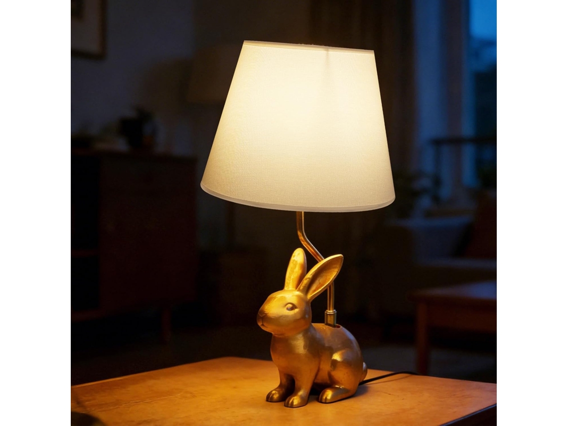 Mesa dobrável no formato Coelho, luminária de cabeceira em resina dourada com cúpula texturizada, luz noturna LED no formato