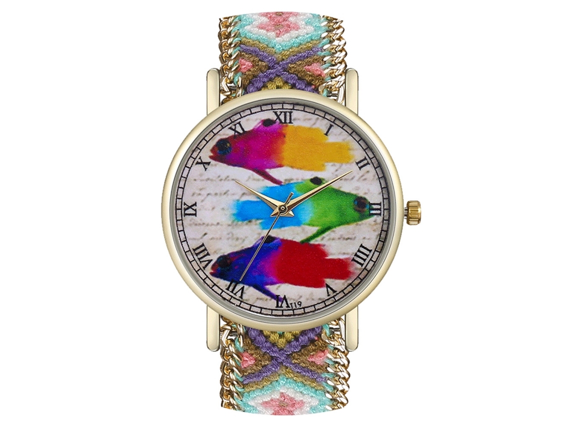 Relógio de pulso analógico feminino, numerais romanos simples, pulseira de lã trançada, quartzo.