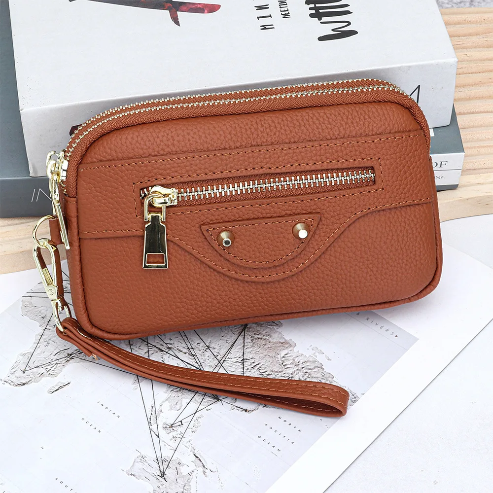 Bolsa De Mão Feminina Em Couro Genuíno Marrom Com Alça Transversal E Porta-moedas.