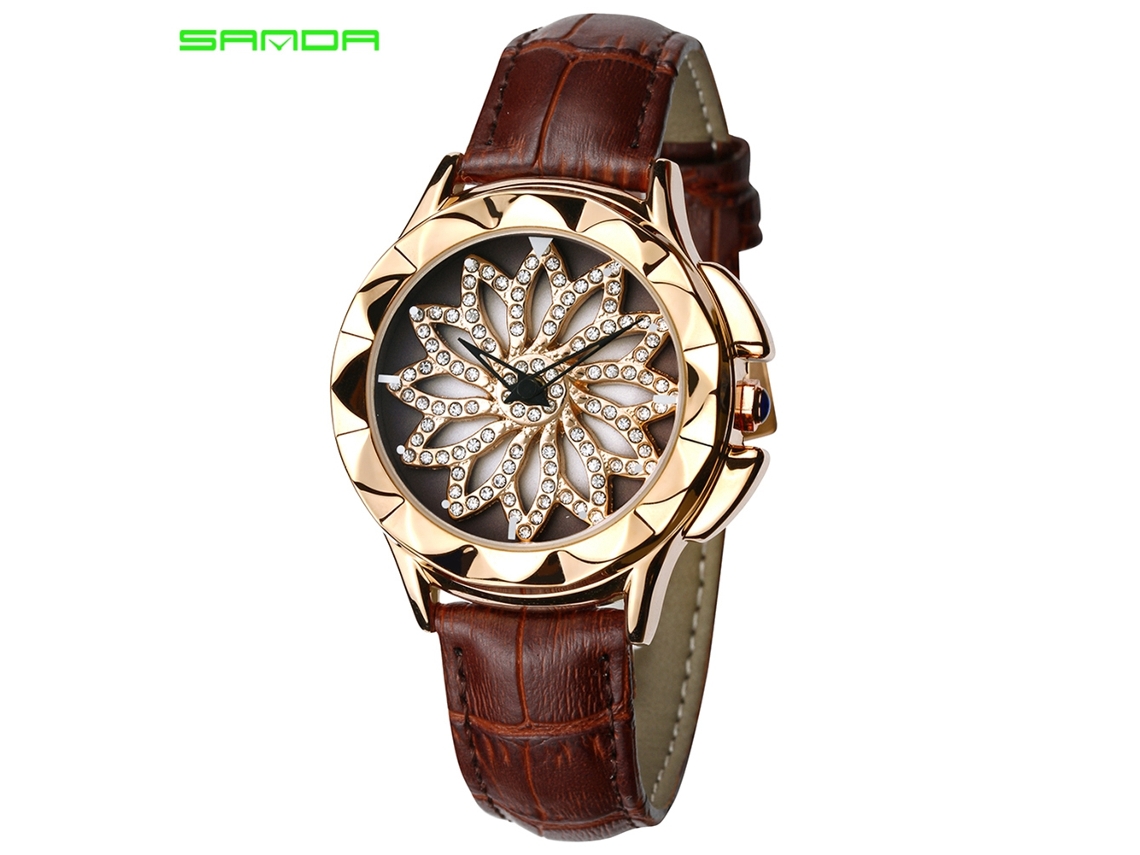 Relógio Analógico Feminino de Quartzo com Pulseira de Couro Marrom e Pedras Brilhantes Florais