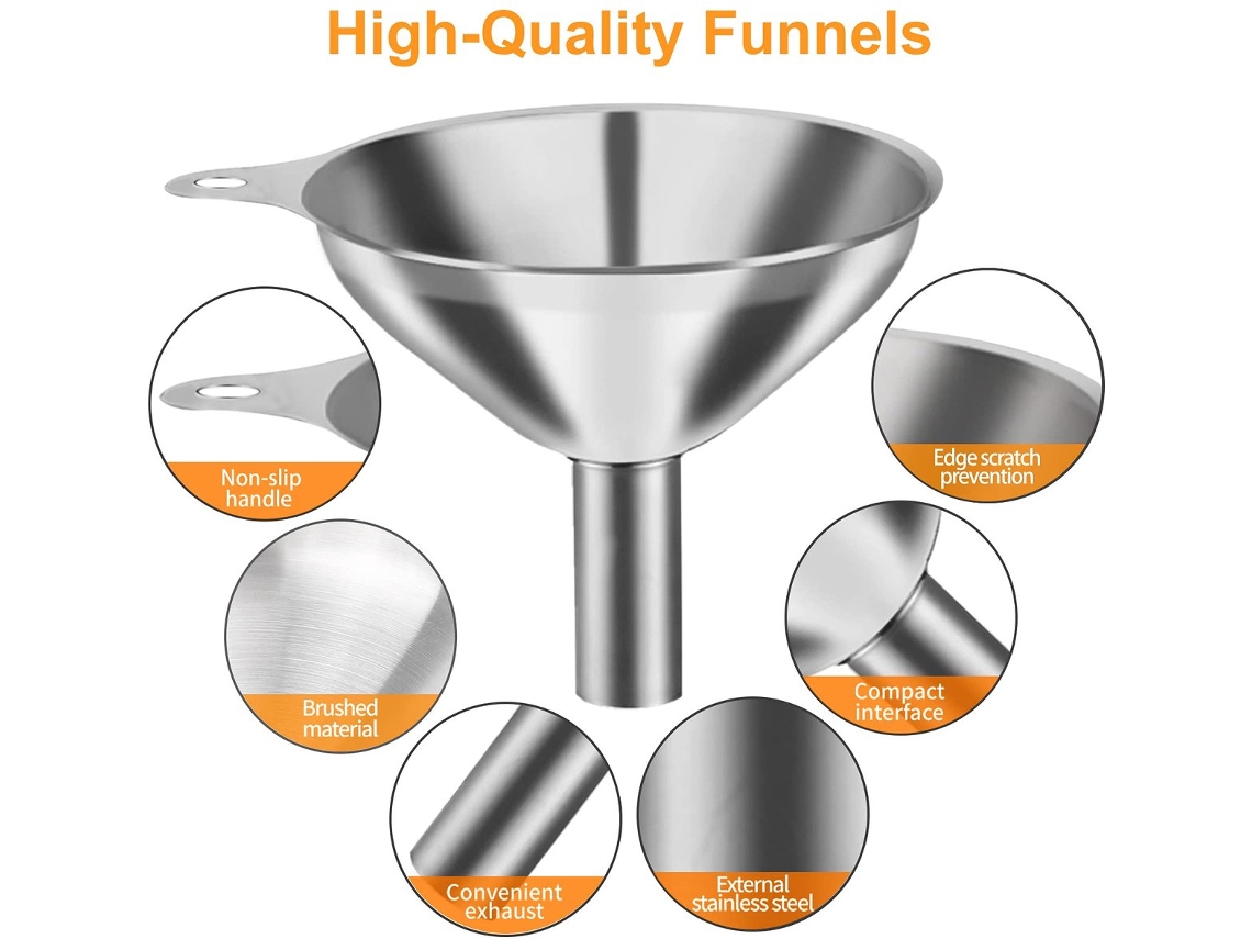 Funil De Aço Inoxidável, Conjunto De 3 Funis Grandes, Médios E Pequenos, Mini Funil De Qualidade Alimentar, Garrafa Para Cozinhar, 2 Escovas