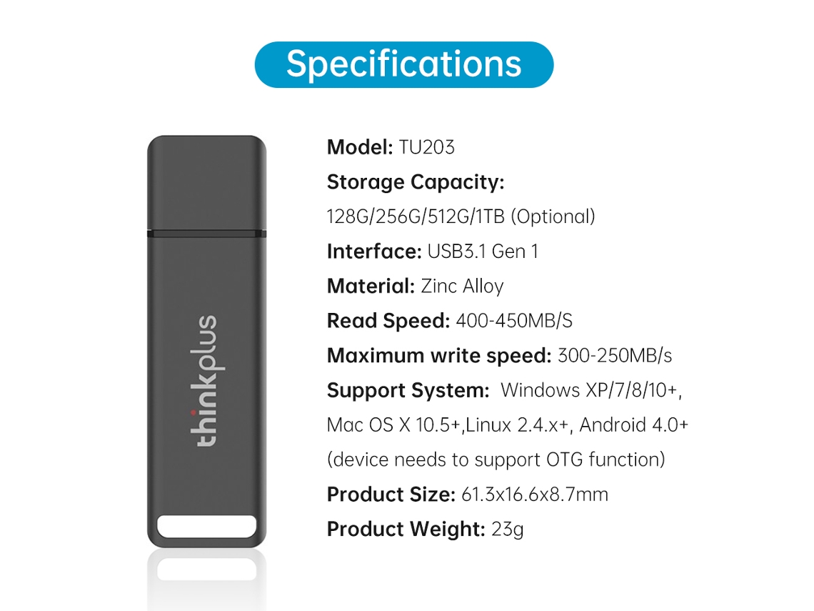 Pendrive Thinkplus Tu203 128gb Usb3.1 Gen 1 Compatível Com Windows, Macos, Android E Linux