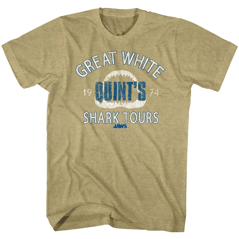 Rockinstone Jaws Movie Shark Tour2 Heather Khaki Adult T-shirt Size:xxl