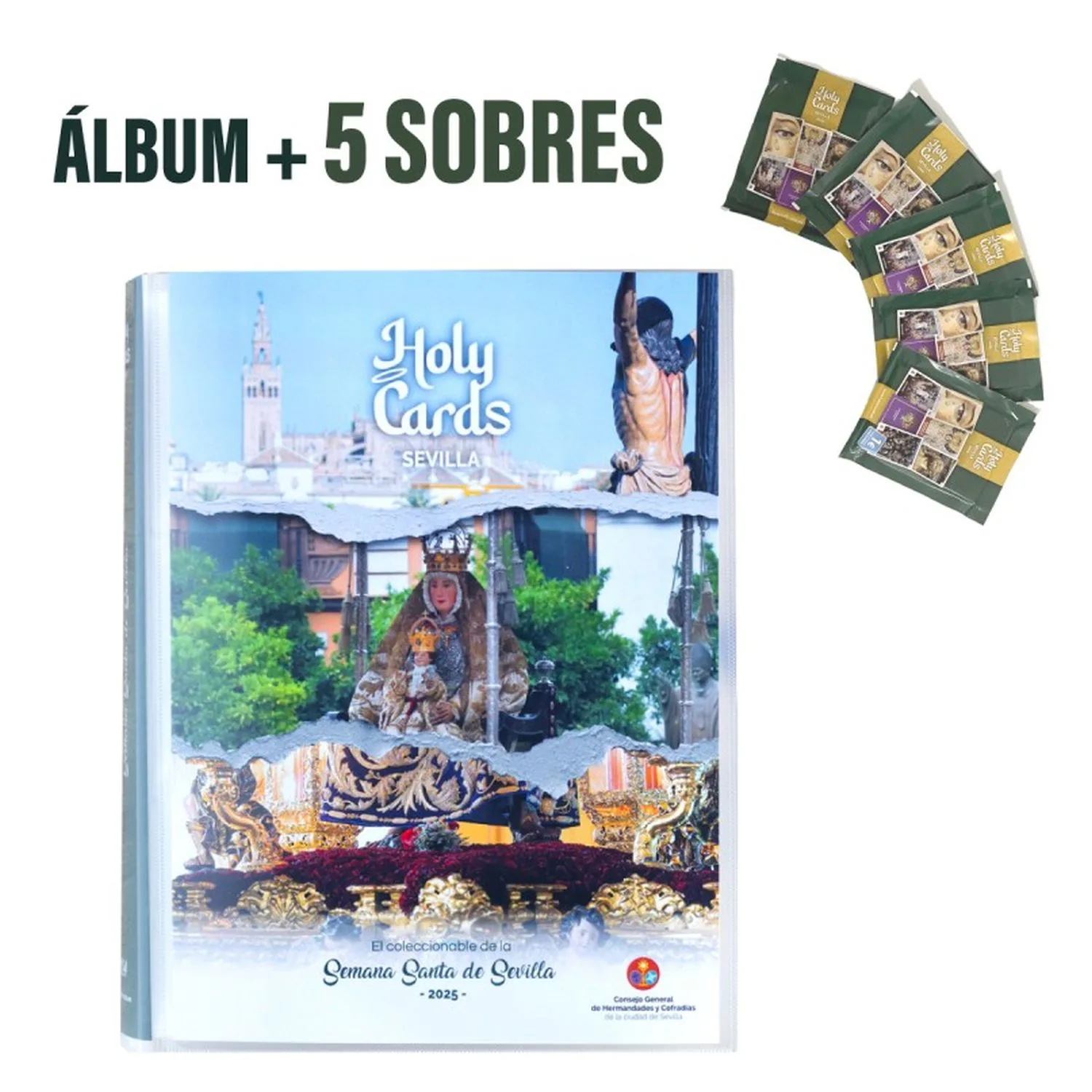 Álbum da Semana Santa Sevilha 2025 com cinco envelopes Holycards 30009