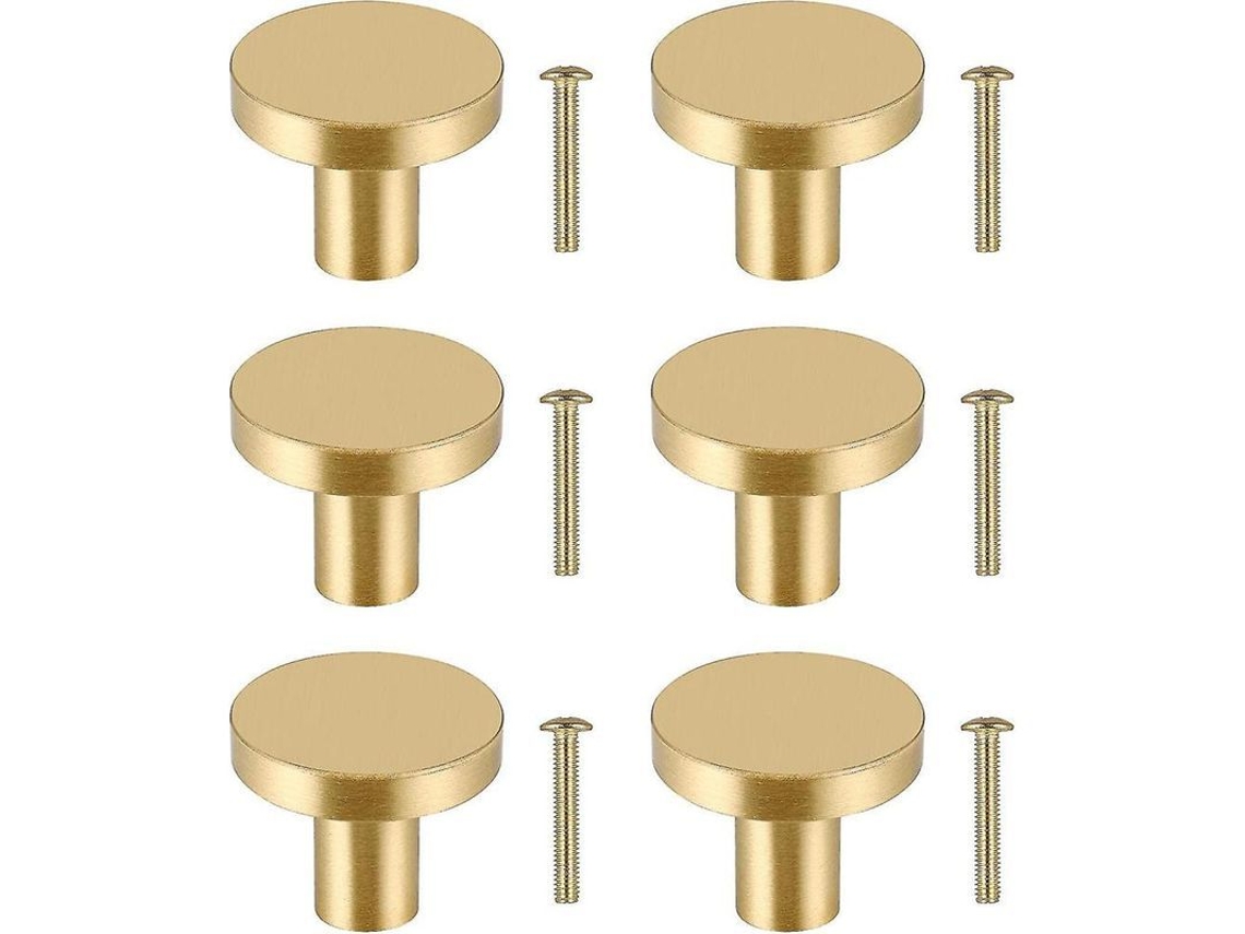 6 Puxadores de Armário, Redondos, Latão Sólido, Dourado, com Parafusos