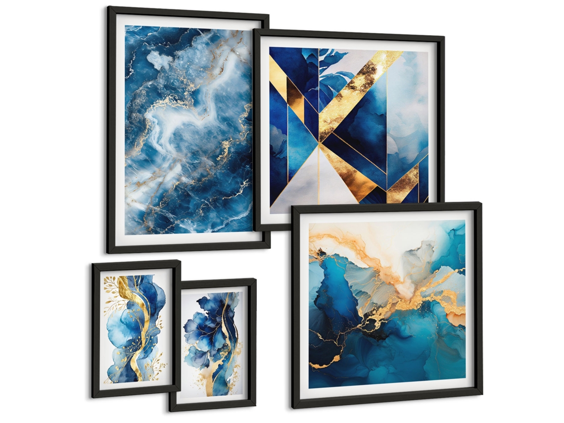 Conjunto De Pinturas Composições Abstratas Azuis Espelharte (5 Peças)