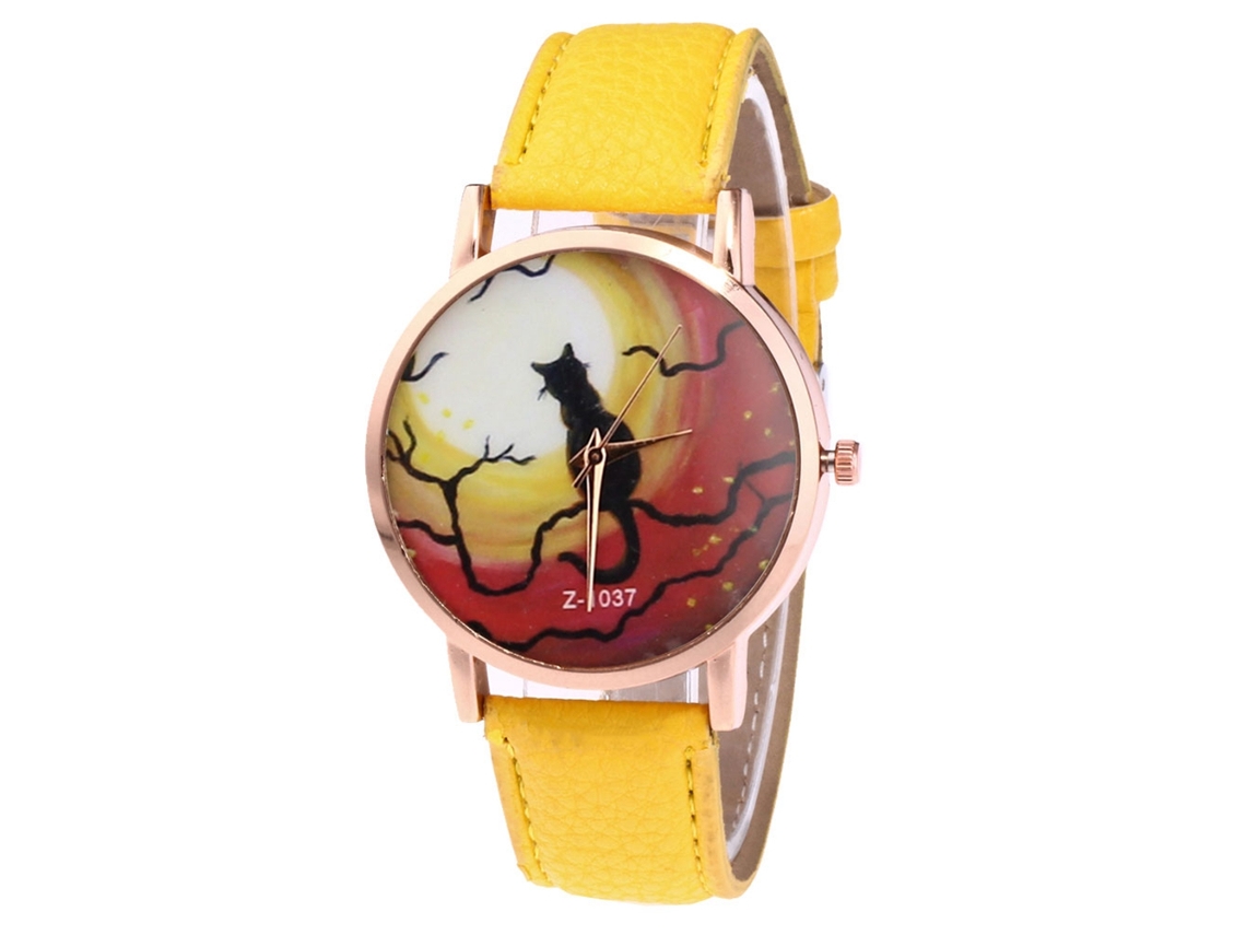 Reloj De Cuarzo Con Correa De Cuero Pu, Dial Gatuno, Unisex, Casual (amarillo)