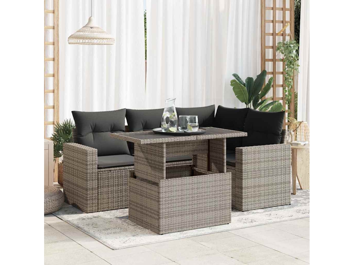Vidaxl 5 Pcs Conjunto Sofás De Jardim C/ Almofadões Vime Pe Cinzento