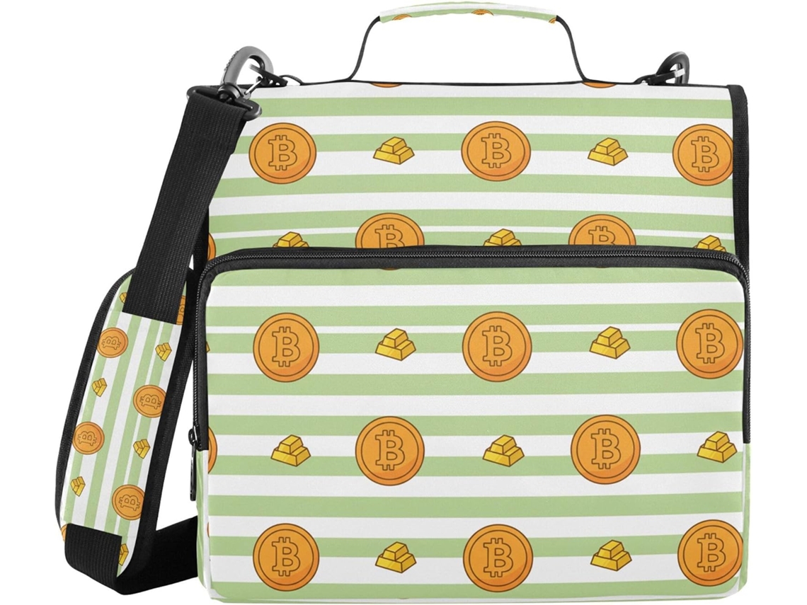 Pasta Organizadora De Escritório Listrada Em Verde E Branco Bitcoin Com Alça Ombro Mão, Grande Capacidade, 3, 8cm 1, 5 Polegadas