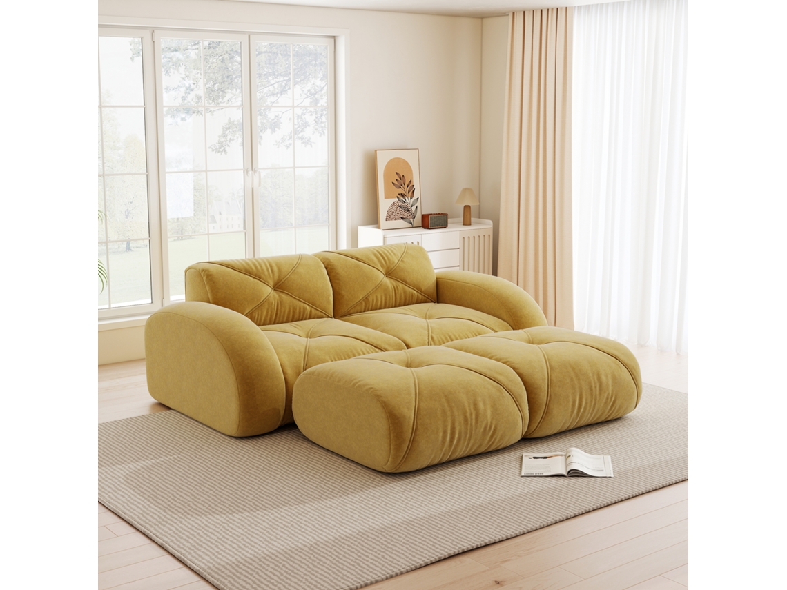 Sofá Modular 2 Lugares Amarelo Com 2 Puffs E Design Antiderrapante Sem Montagem