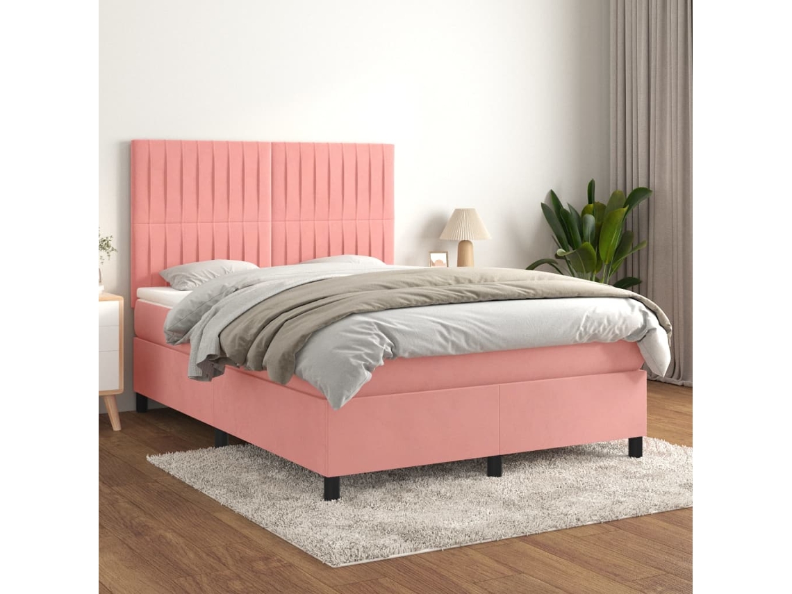 Vidaxl Cama Com Molas/colchão 140x190 Cm Veludo Rosa