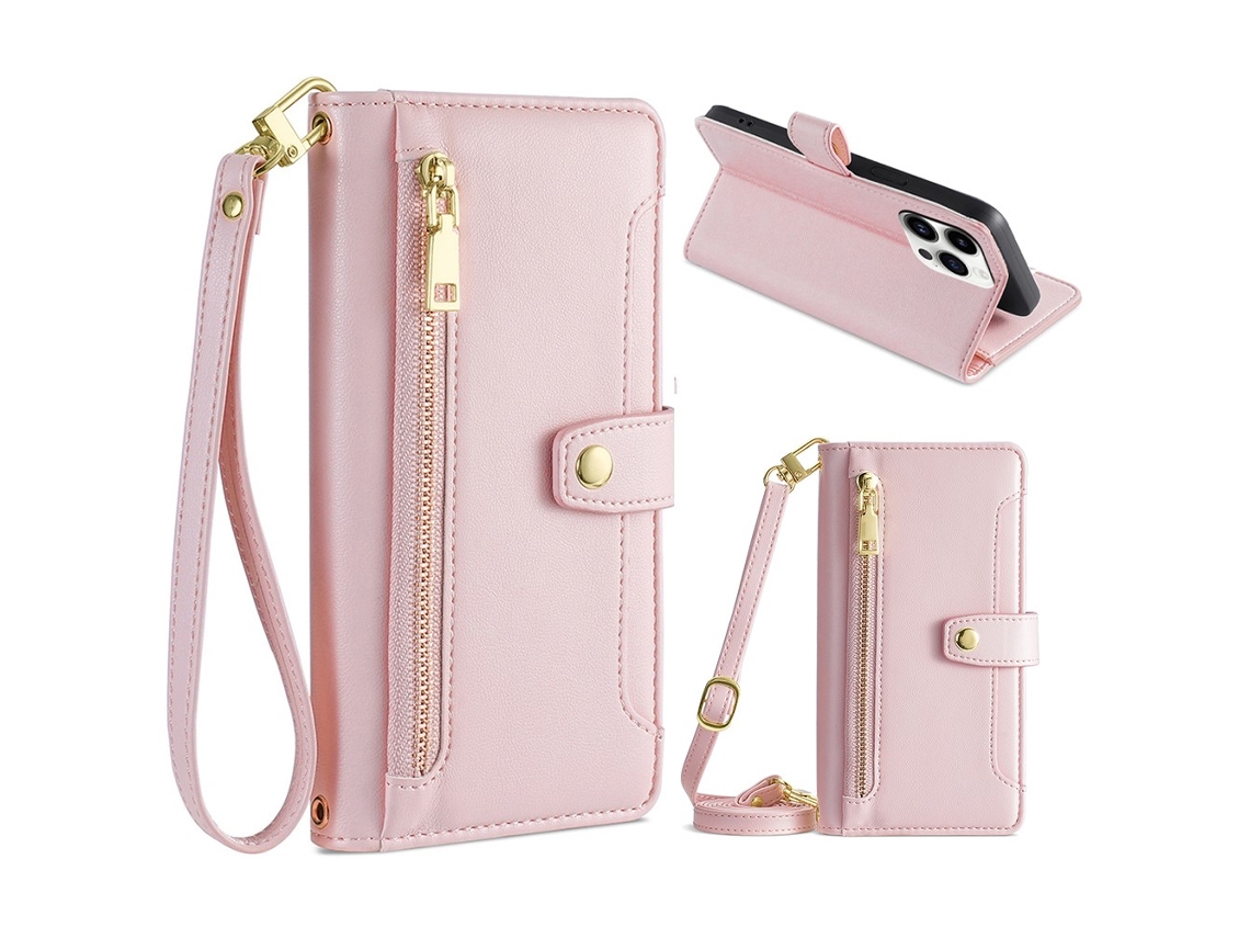 Capa Pega Para Iphone 15 Pro Max Pele Sintética Com Porta-cartões Rosa