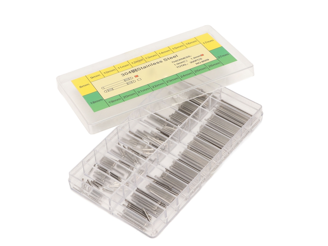 300 Pinos de Pulseira de Relógio Aço Inoxidável 8mm 27mm com Caixa Transparente