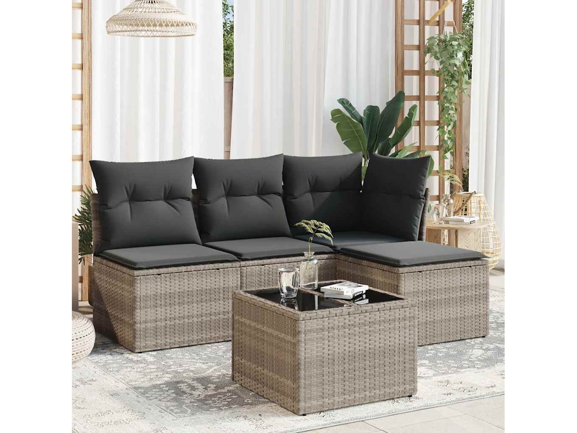 Vidaxl 5 Pcs Conj. Sofás Jardim C/ Almofadões Vime Pe Cinzento-claro