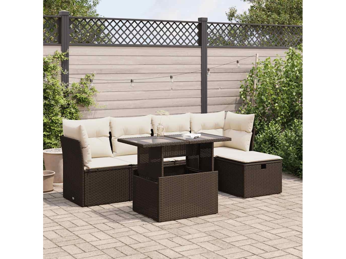 Vidaxl 6 Pcs Conjunto De Sofás Jardim C/ Almofadões Vime Pe Castanho