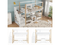 Beliche Infantil Com Mesa Ajustável, Estante Lateral E Escada Resistente. Pinho+mdf+compensado, Branco+natural, 90x200cm.