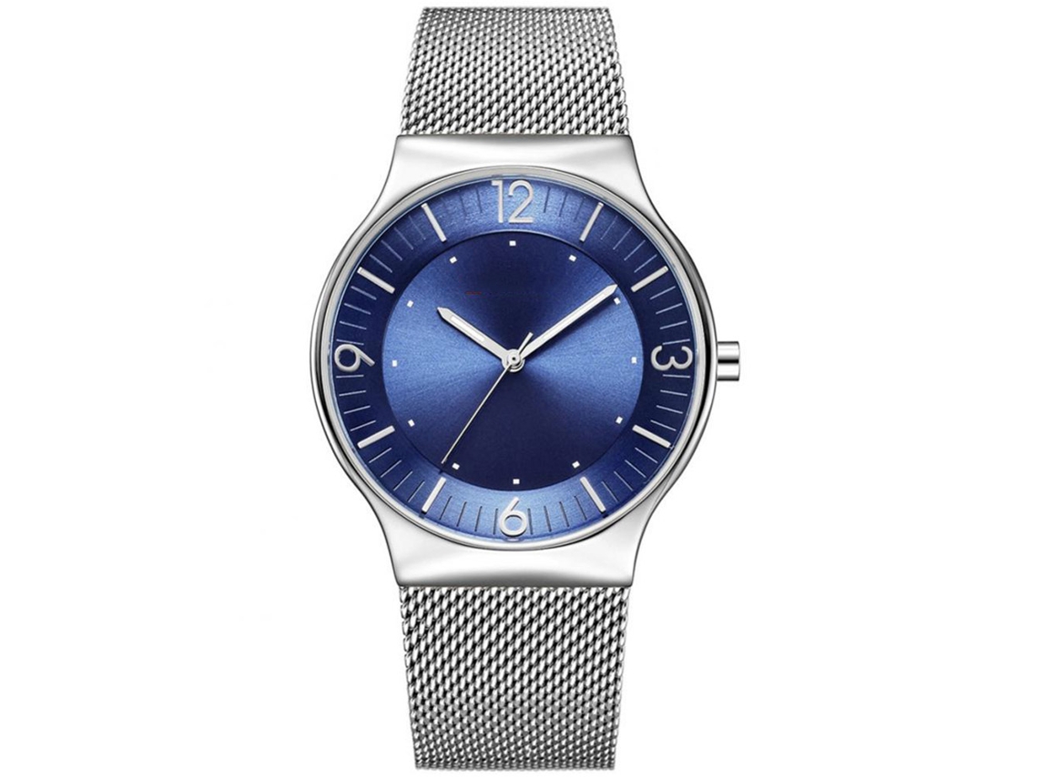 Relógio de pulso masculino em liga metálica com mostrador redondo e visor analógico de quartzo (branco e azul)