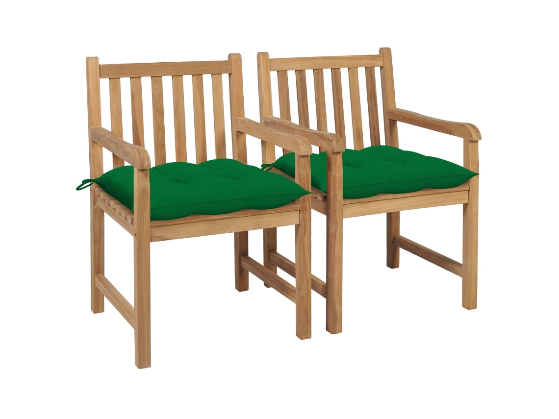 Vidaxl Cadeiras De Jardim C/ Almofadões Verdes 2 Pcs Teca Maciça