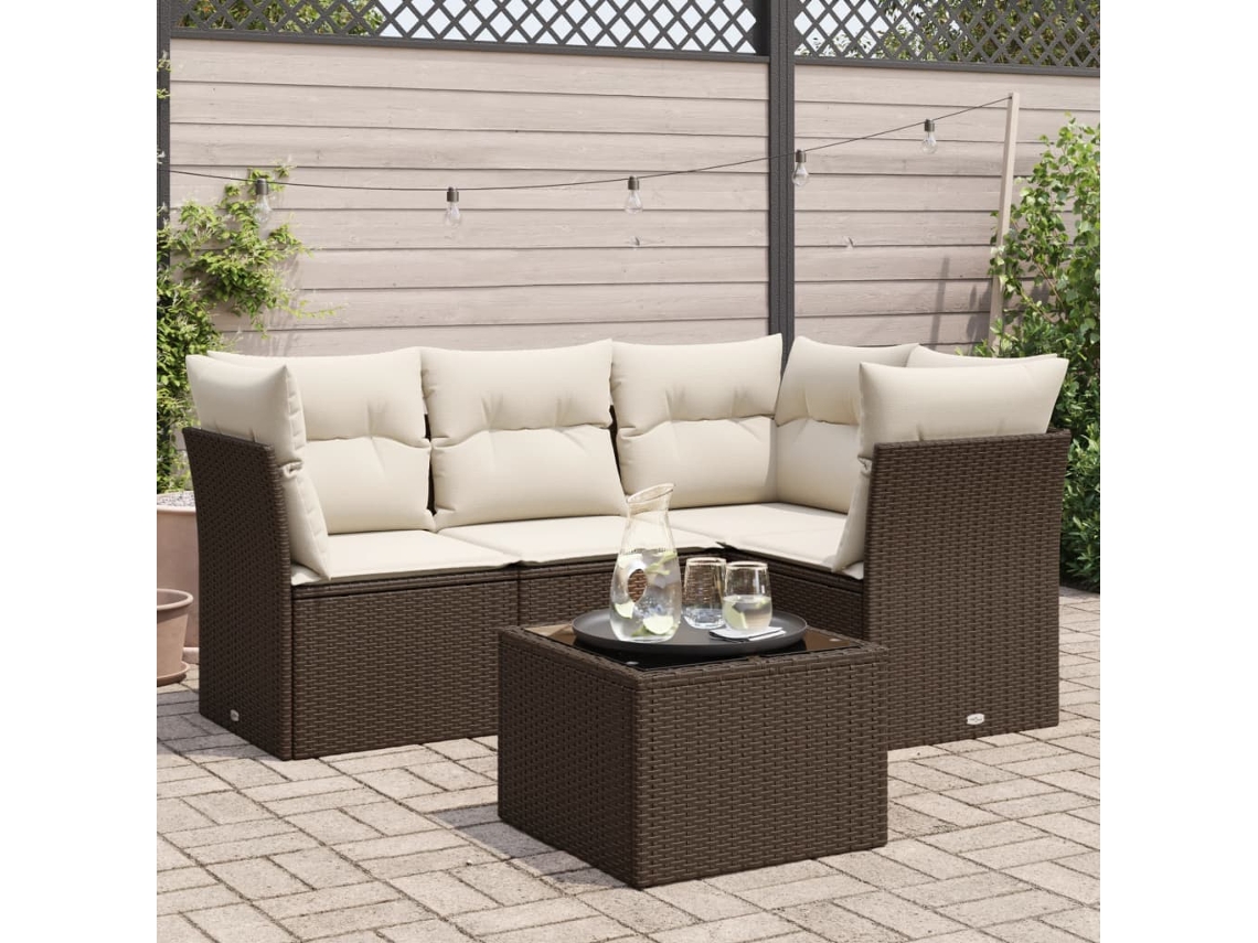 Vidaxl 5 Pcs Conjunto Sofás P/ Jardim C/ Almofadões Vime Pe Castanho