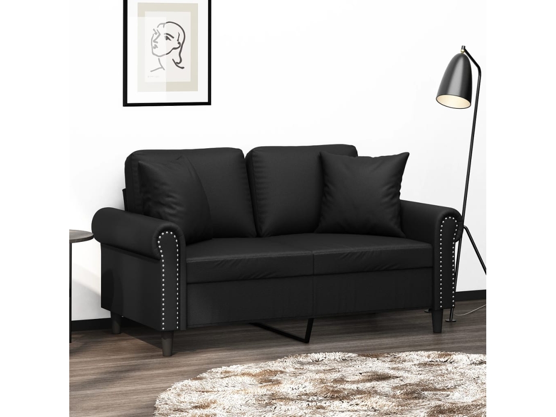 Vidaxl Sofá 2 Lugares + Almofadas Decorativas 120cm Couro Artif. Preto