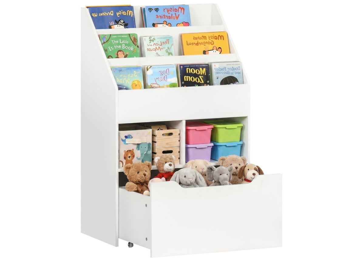 Pequena estante infantil com prateleiras e gaveta, MDF, 60x29.9x90cm, branco | S/MARCA