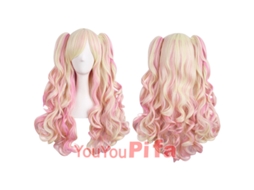Peruca De Cosplay Rosa E Amarelo Pastel Com Rabos De Cavalo Duplos, Ondulada, Ideal Para Festas, Eventos De Anime E Fantasia