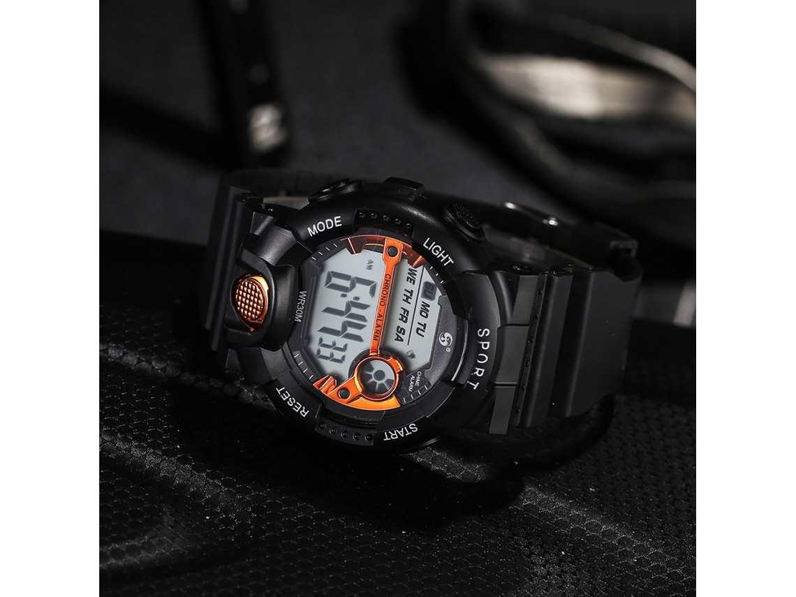 Relógio esportivo eletrônico masculino, resistente à água até 30 metros, pulseira de borracha laranja.
