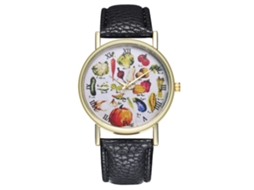 Reloj Cuarzo De Moda Con Correa De Cuero Pu, Dial De Frutas, Unisex (negro)