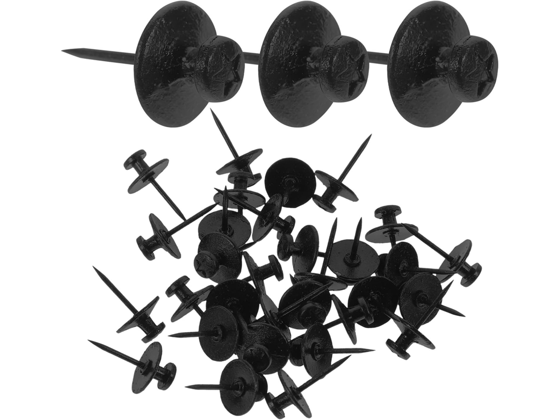 Conjunto de 30 prendedores decorativos planos em zinco preto liga para fixar papéis e avisos em mesas ou locais de trabalho.