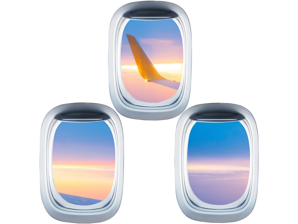 Conjunto 3 Adesivos Parede Avião Janelas Decorativos Removíveis Pvc Rígido Efeito 3d Paisagem Janela Decoração GOKOCO