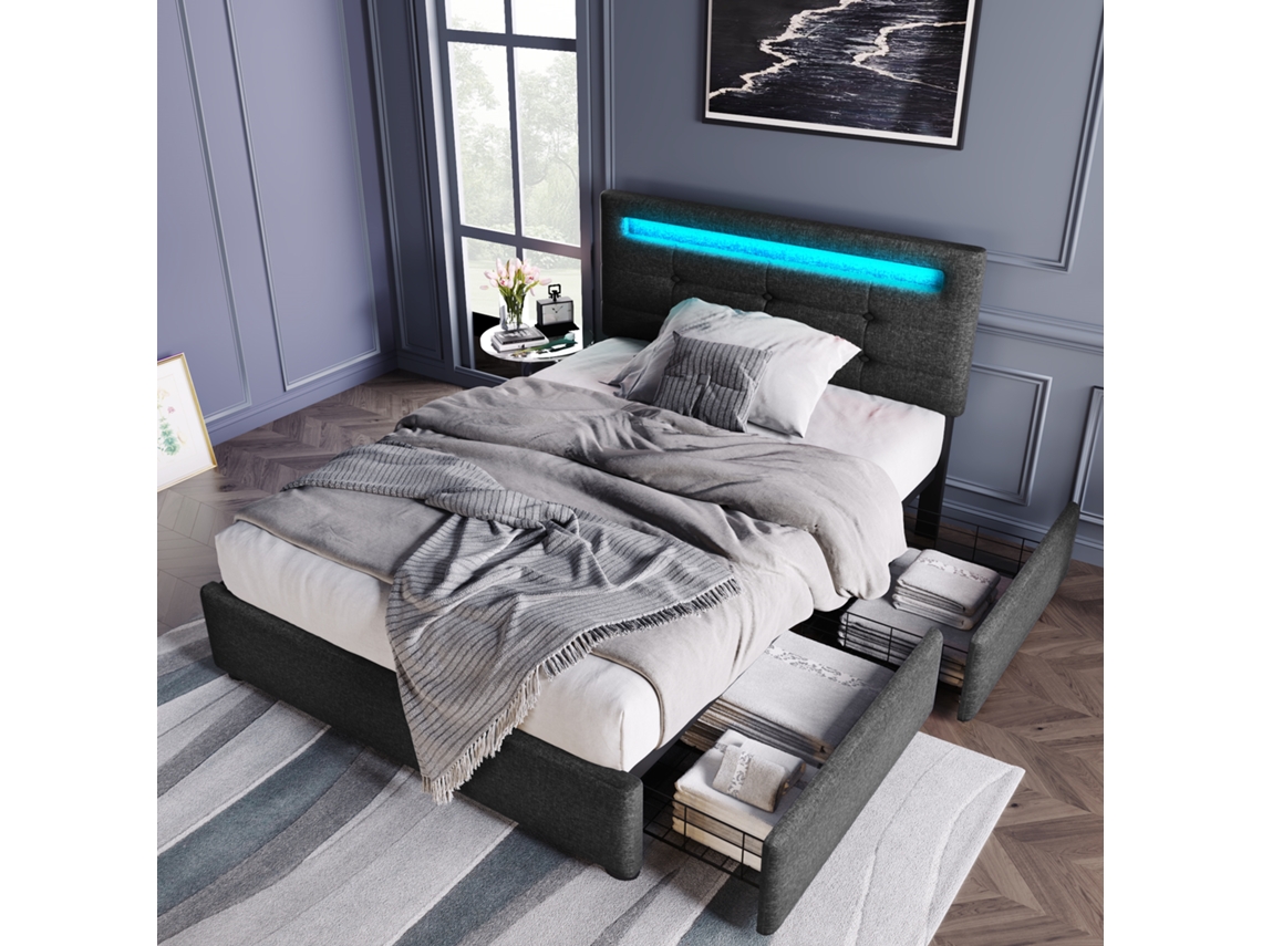 Cama Solteiro 90x200cm Led 2 Gavetas Apoio Cabeça Ajustável Cinza