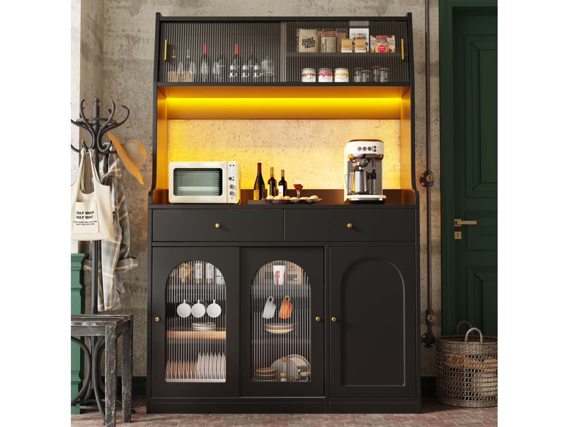 PAPRIKA Armário de Cozinha Alto com Prateleiras Ajustáveis, Vitrine, Buffet com 2 Gavetas e Iluminação LED na Cor Preta