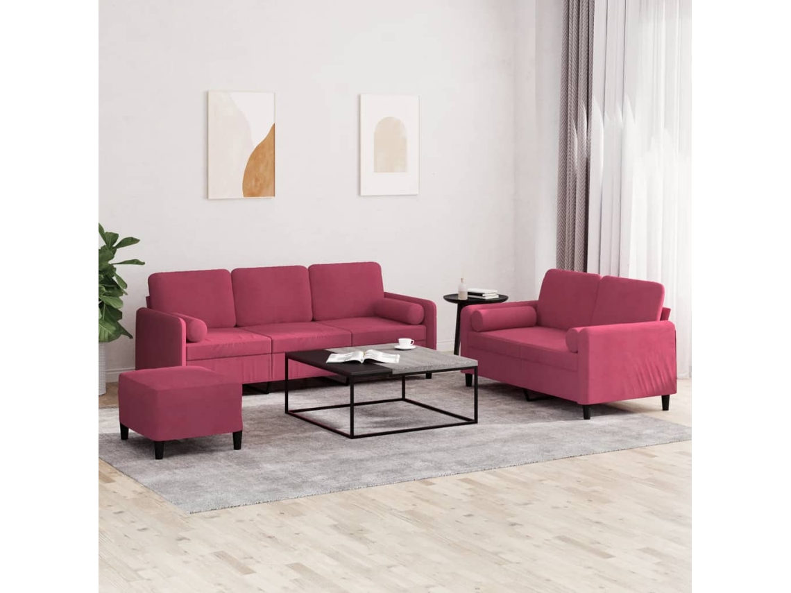 Vidaxl 3 Pcs Conjunto De Sofás Com Almofadas Veludo Vermelho-tinto