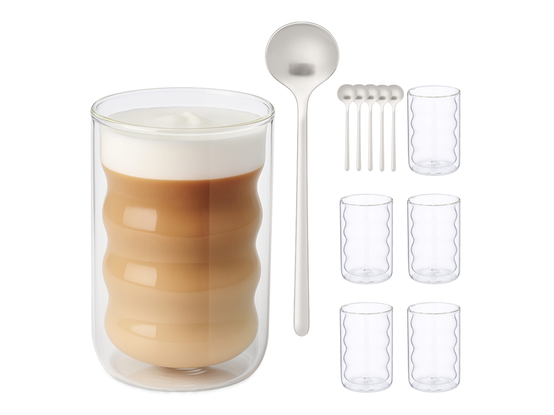 Copos Relaxdays Latte Macchiato, 6 Unidades, Colheres, Vidro Duplo, 350 Ml, Copos Transparentes